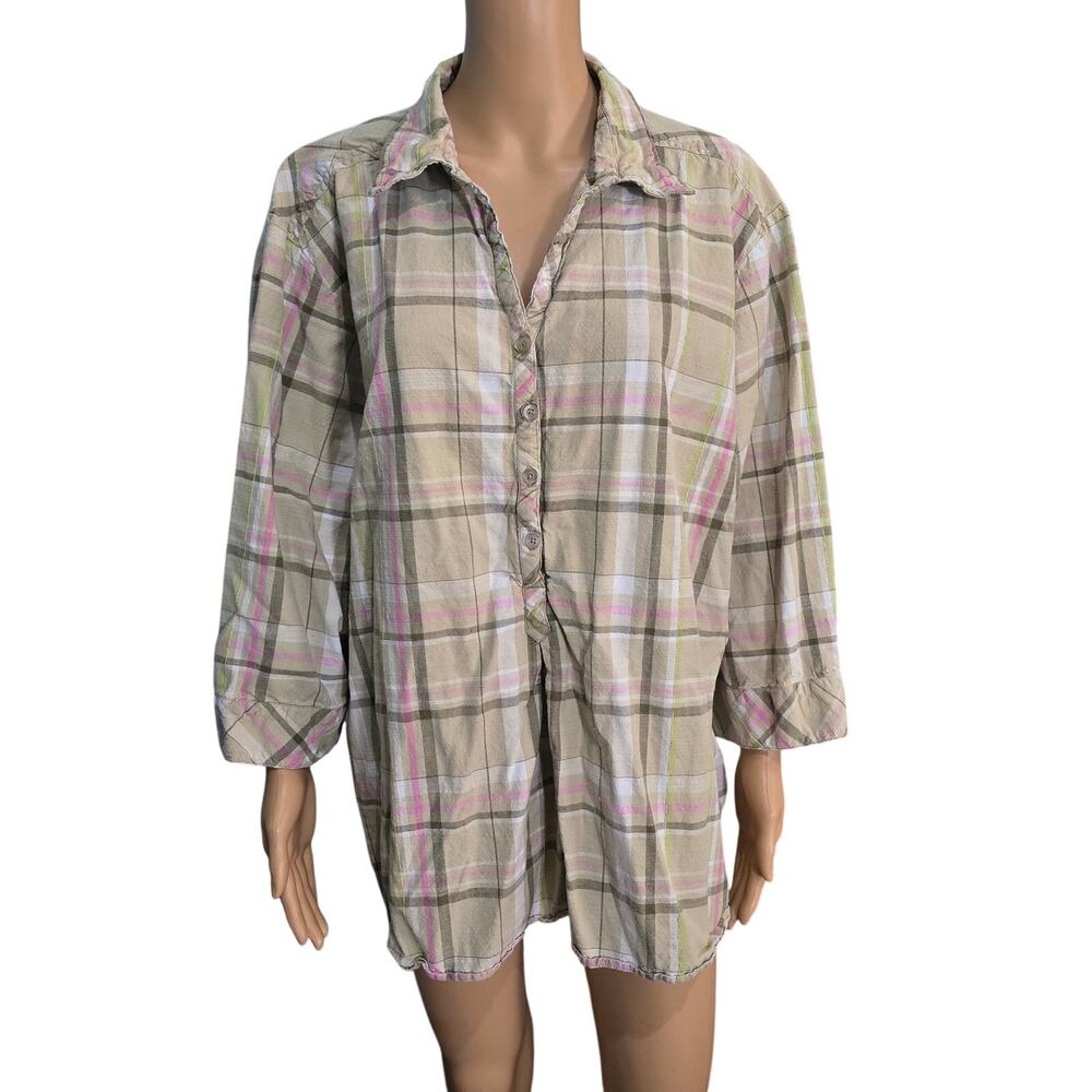 Krazy Kat Green and Pink plaid Top 2X